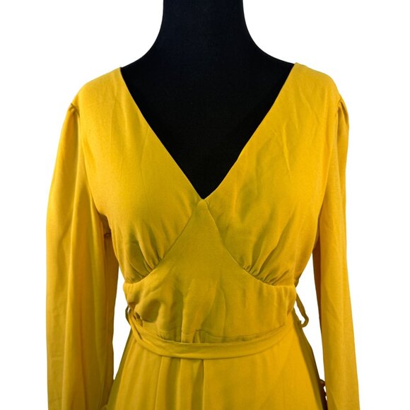 Mustard Yellow Wrap Dress By Shein  US 6 Medium Tiered Ruffle Skirt Long-Sleeve - Picture 2 of 9